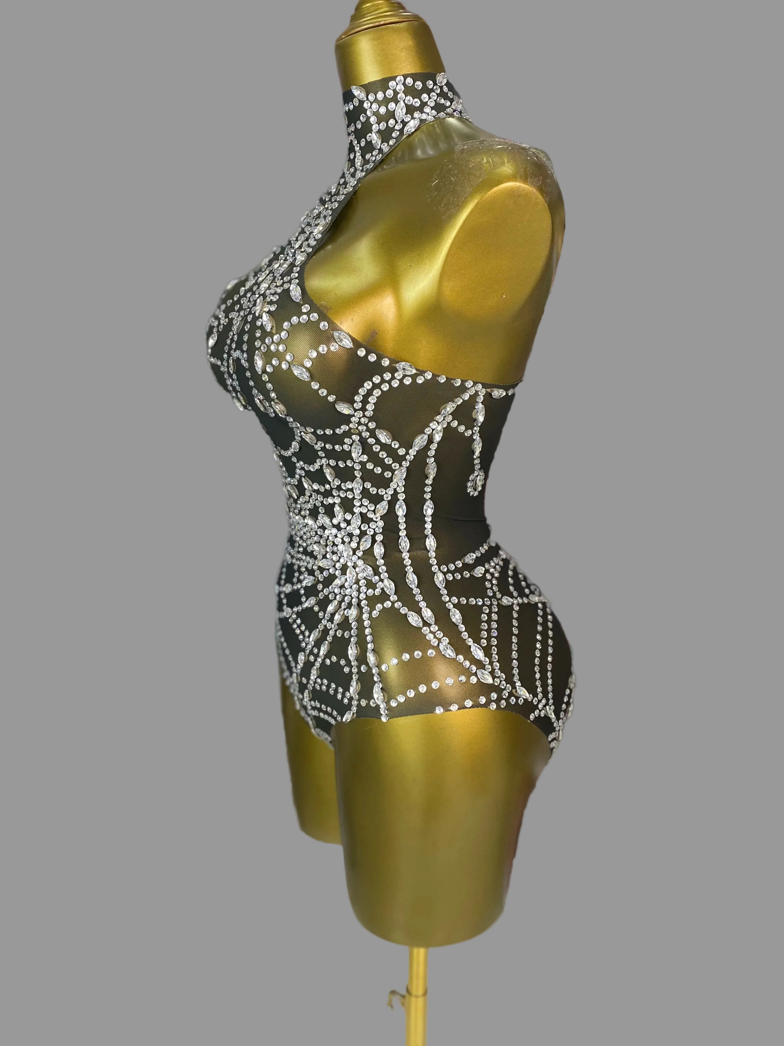 The Stardust Black Widow Bodysuit – Luxury Rhinestone Spiderweb Showgirl Costume