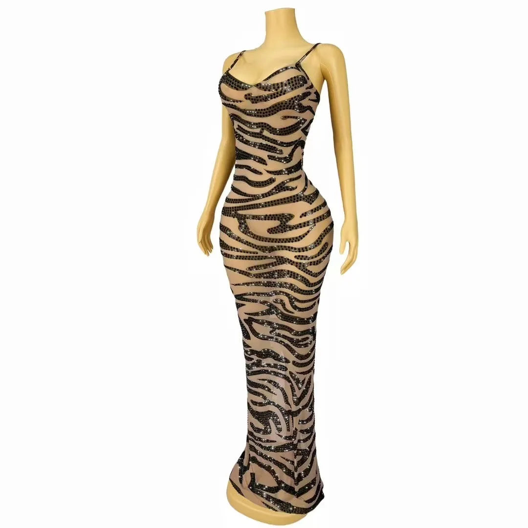 Women's Leopard Print Rhinestone Suspender Mesh Long Dress | Sparkly Stage Gown for Red Carpet & Party