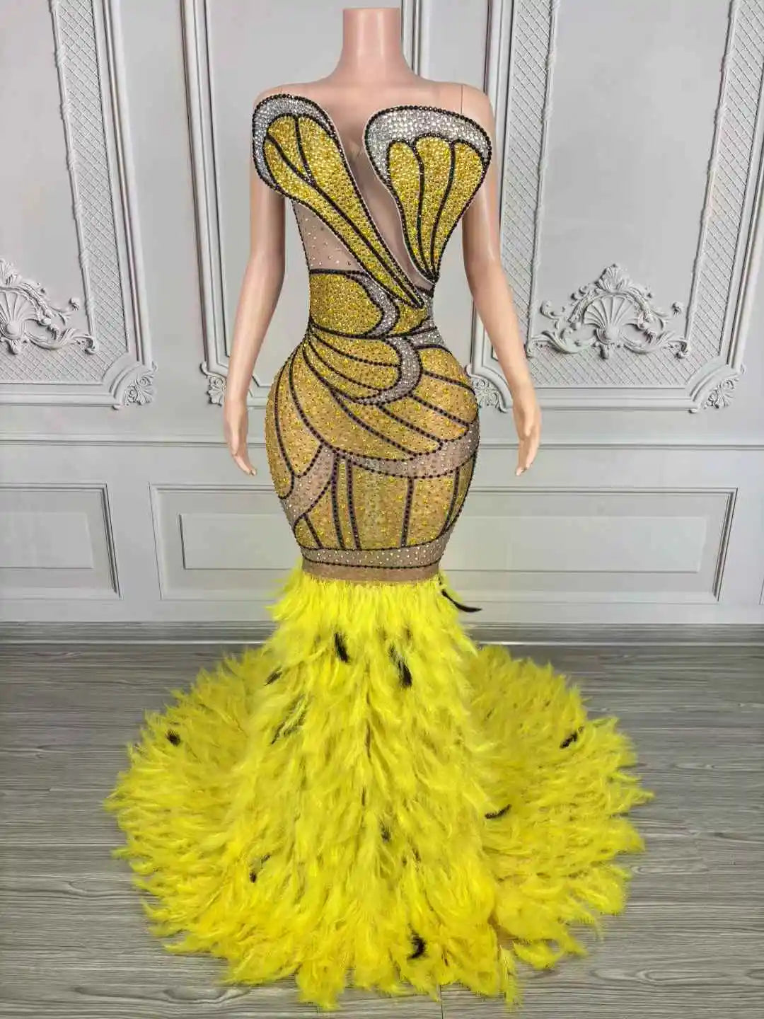 Women's Gold & Silver Crystal Mesh Feather Maxi Dress | Luxury Gown for Birthday, Prom & Stage