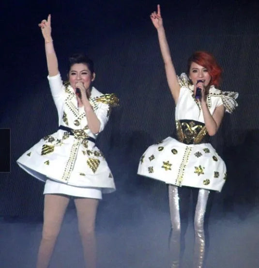 White Faux Leather Studded Stage Dress & Fluffy Skirt Pop Singer Costume Set