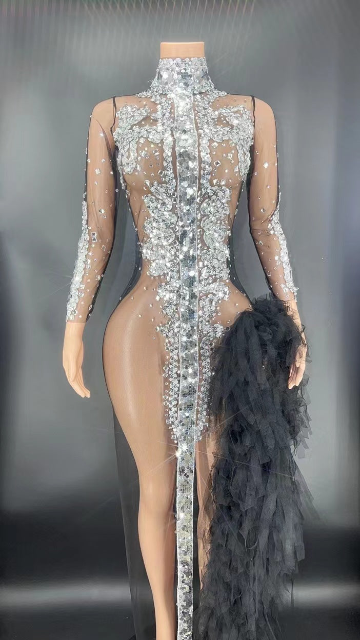 Sparkly Silver Sequin Long Sleeve Mesh Evening Dress High Split Stage Birthday Gown
