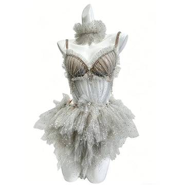 Sexy Nightclub Women Performance Stage Costume Shiny Rhinestones Mesh Bikini Bodysuit Dancer Pole Dancing Party Rave Outfit