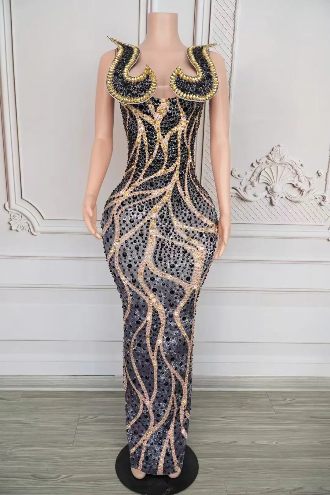 Women's Crystal Diamond Slit Sheath Dress | Luxury Stage & Singer Performance Gown in Black & Red