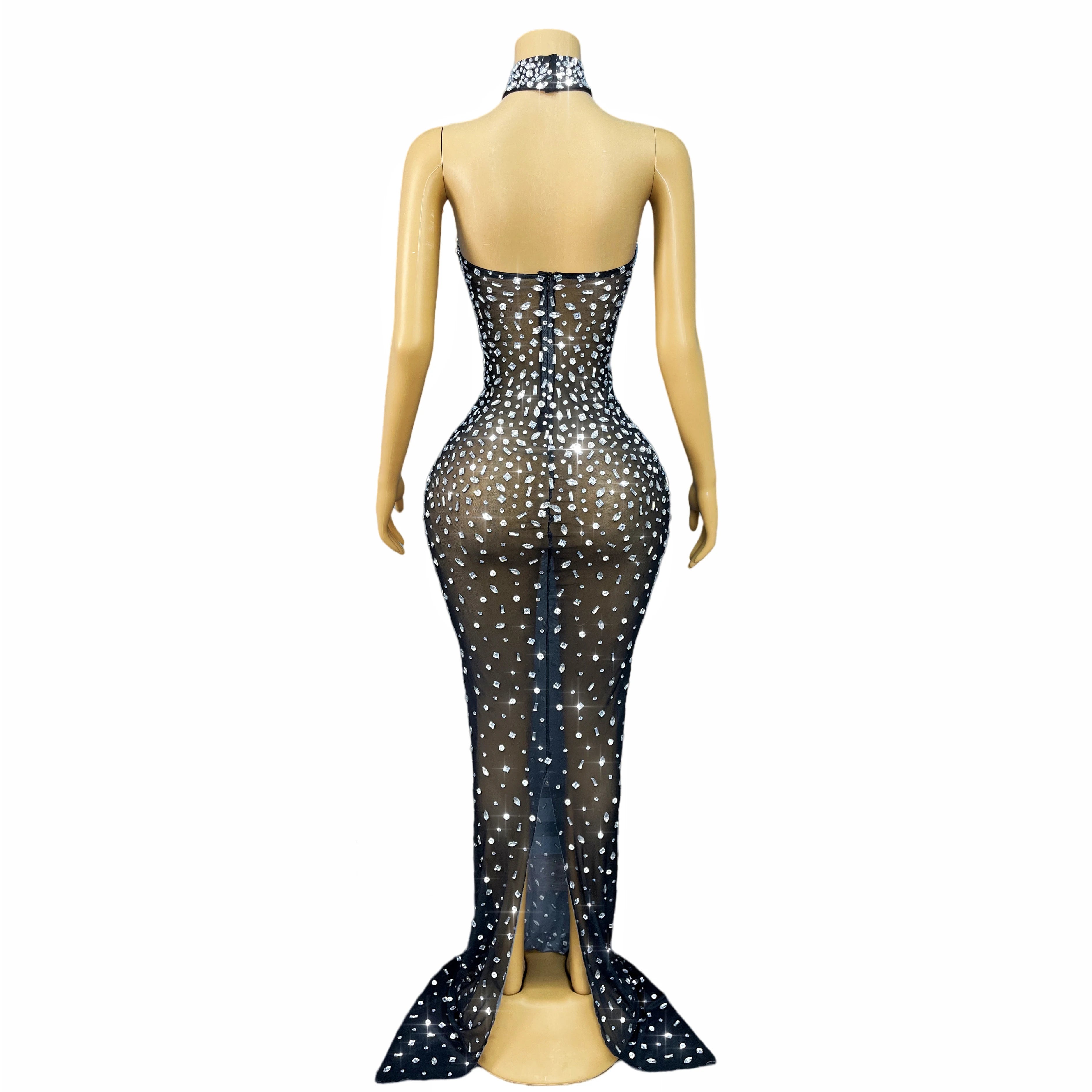 Silver Rhinestone Sheer Mesh Tube Evening Gown Stage Ball Dress