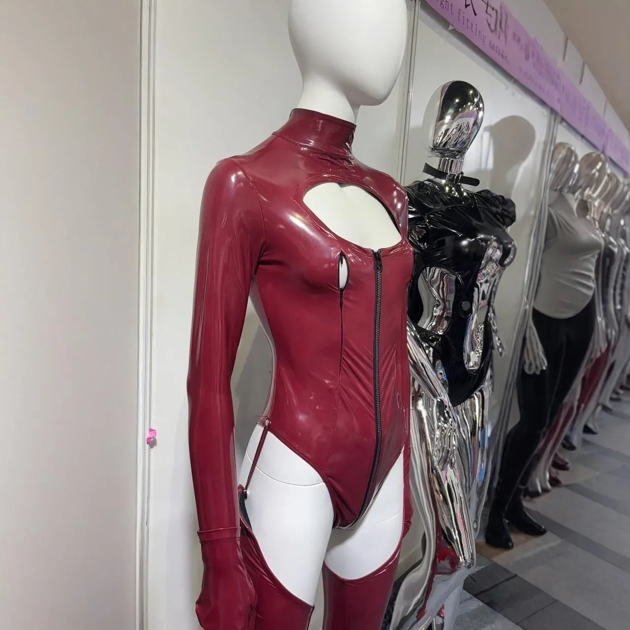 Faux Latex PU Leather Hollow-Out Breast Zipper Bodysuit & Stockings Set