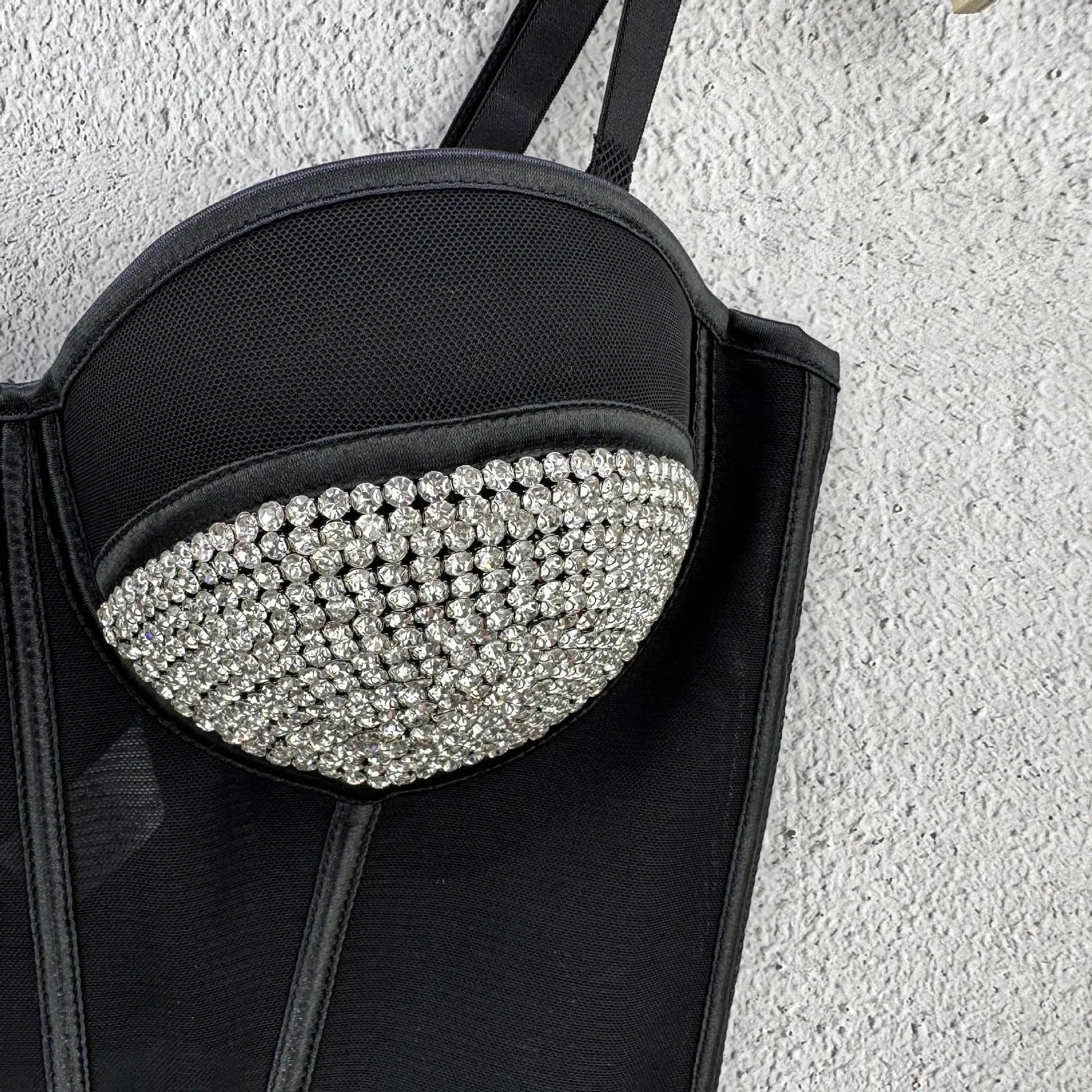 Rhinestone Mesh Denim Bustier Corset Crop Top Push-Up Party Bralette