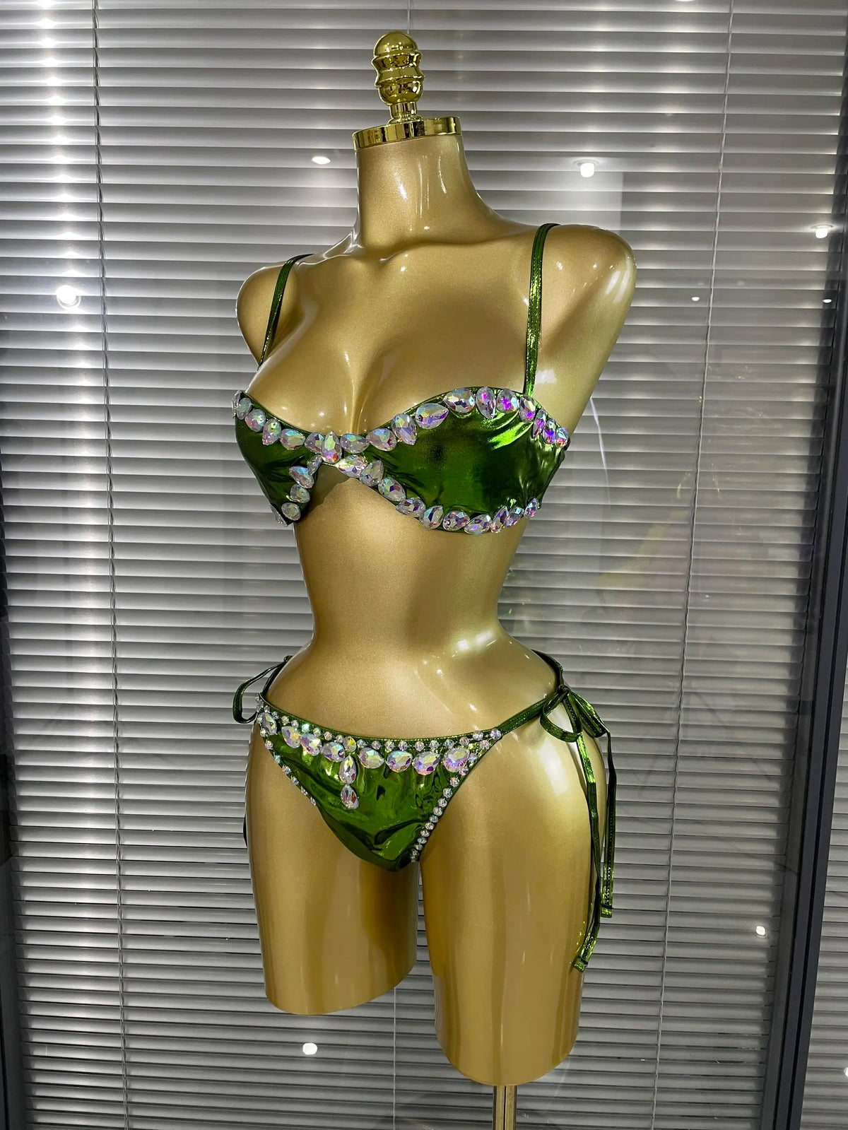 Green Color Women Sexy Shining Rhinestones 2 Pieces Costume Set Showgirl Stage Performance Swimwear