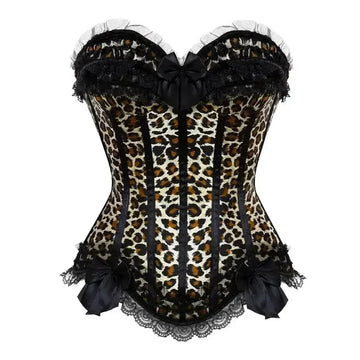Leopard Satin Overbust Corset Lace Bowknot Clubwear Showgirl Body Shaper