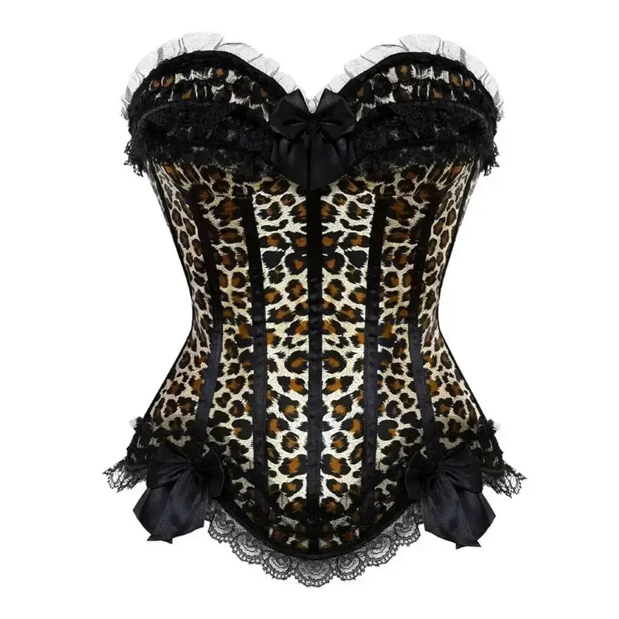 Leopard Satin Overbust Corset Lace Bowknot Clubwear Showgirl Body Shaper