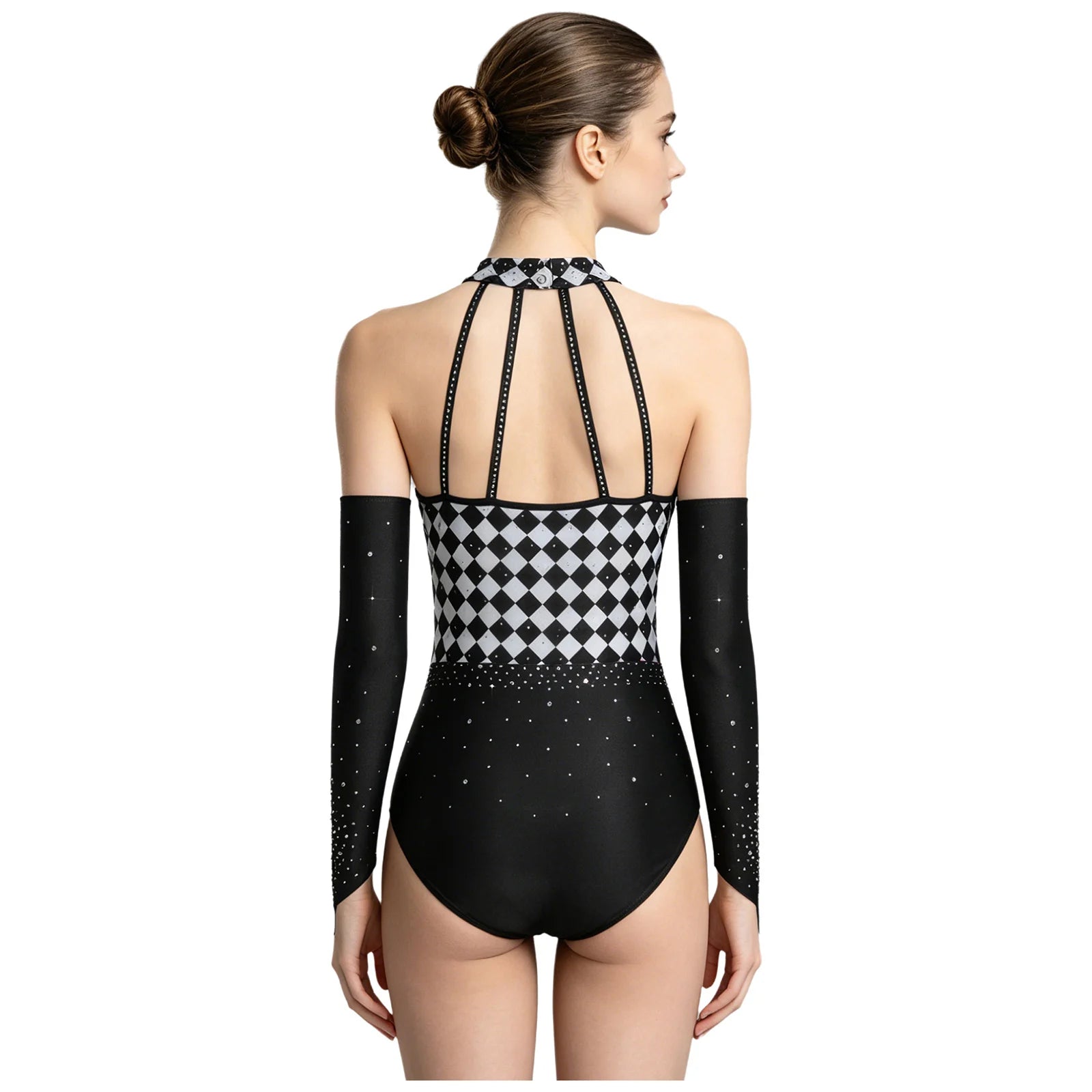 Queen of Hearts Rhinestone Halter Bodysuit & Sleeves Checkered Circus Stage Costume Set