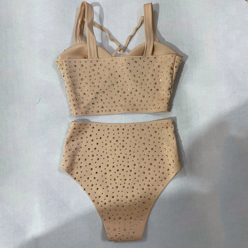 Skin Tone High-Waist Rhinestone Bikini Shorts & Pole Dance Performance Outfit