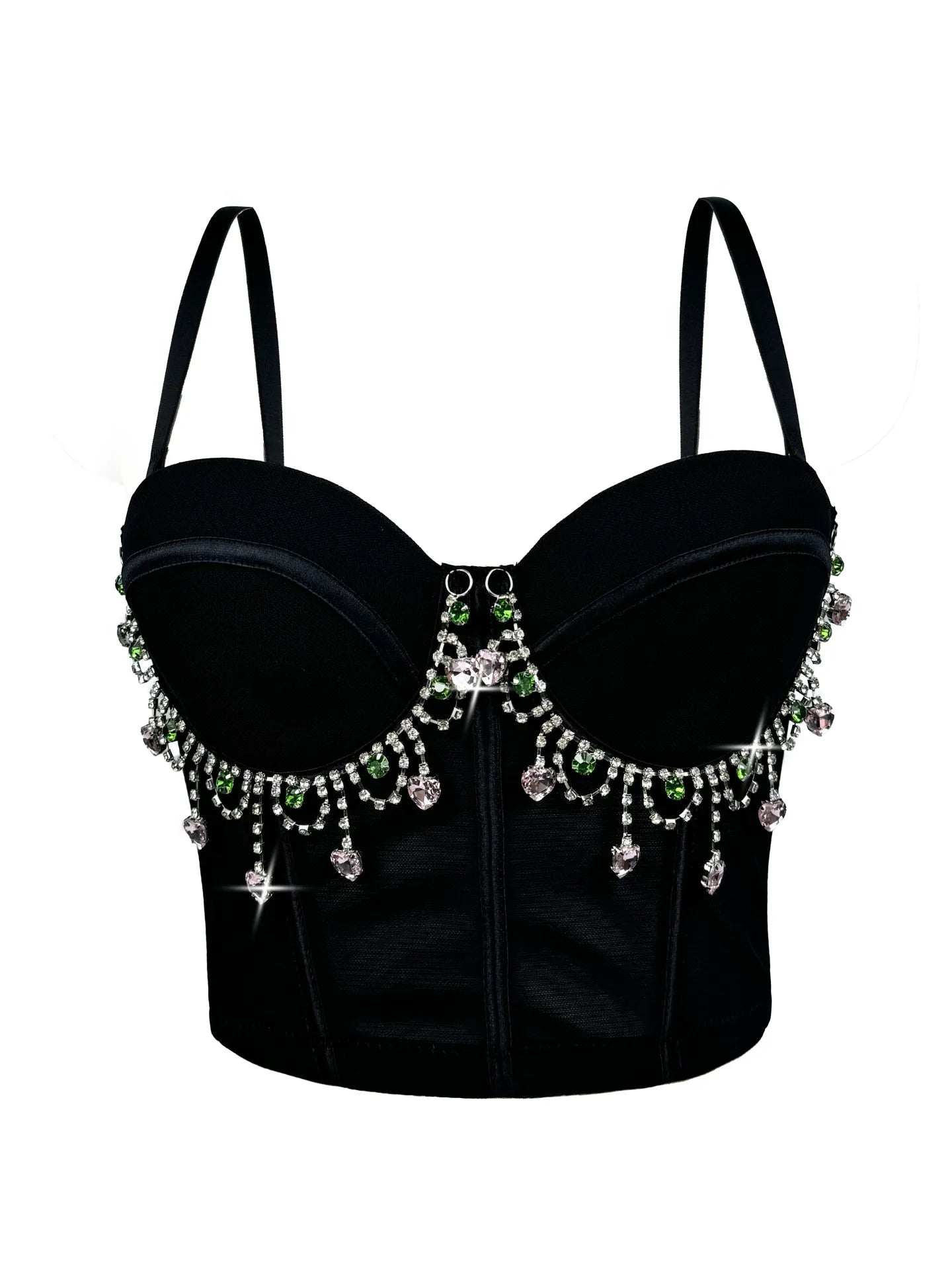 Mesh Bustier Corset Crop Top Diamond Embroidery Tassel Evening Party Bralette