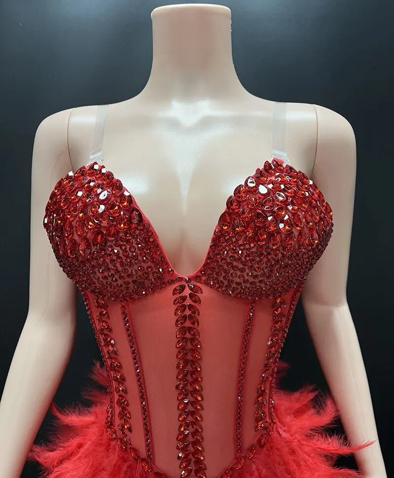 V-Neck Crystal Corset High-Low Feather Gown & Special Occasion Birthday Dress