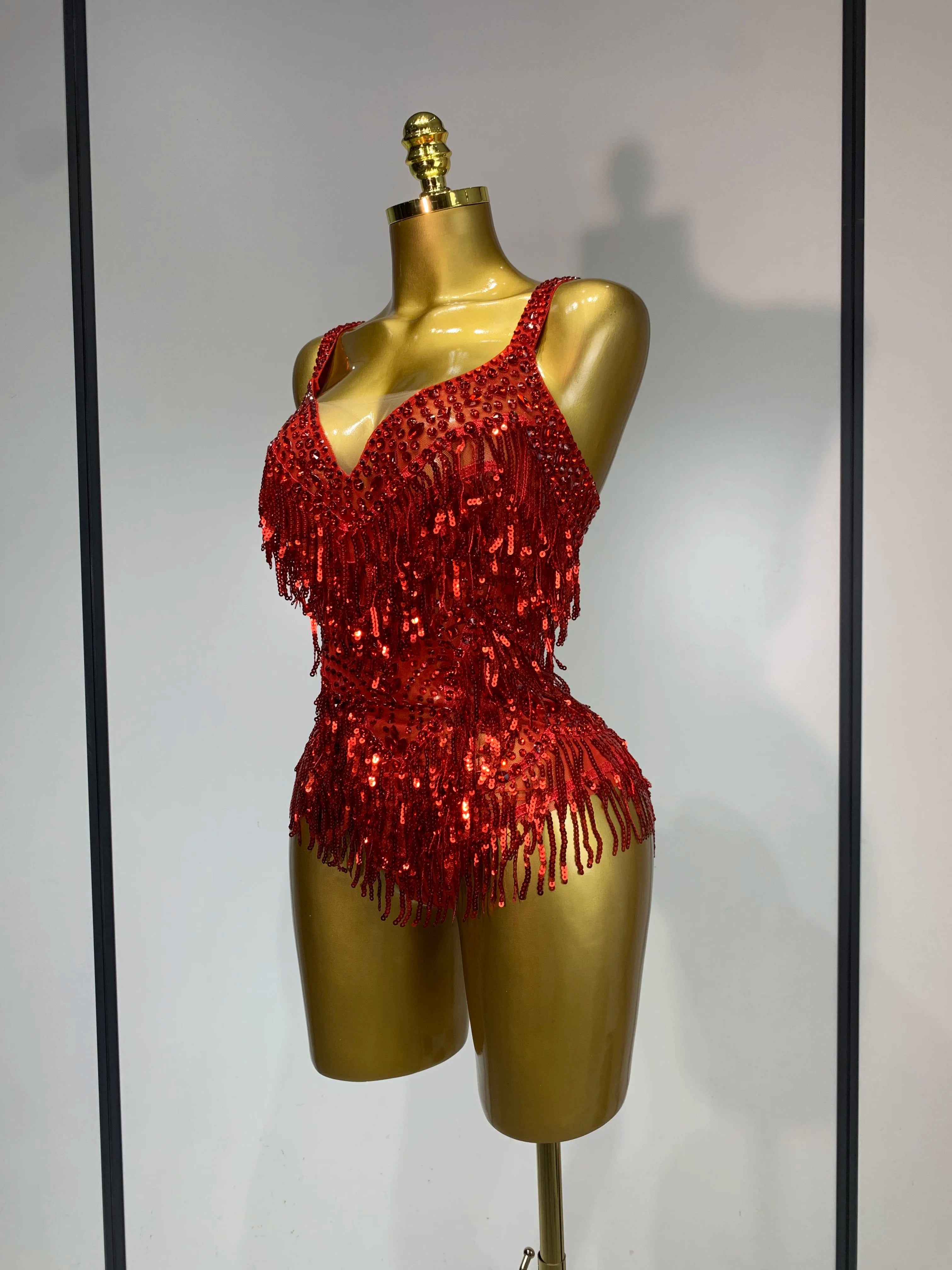Sparkly Rhinestone Tassel Backless Mesh Bodysuit Luxury Stage Performance Costume
