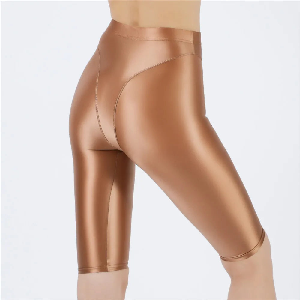 Oil Glossy High-Stretch Knee-Length Shorts Satin Shine Performance Biker Shorts