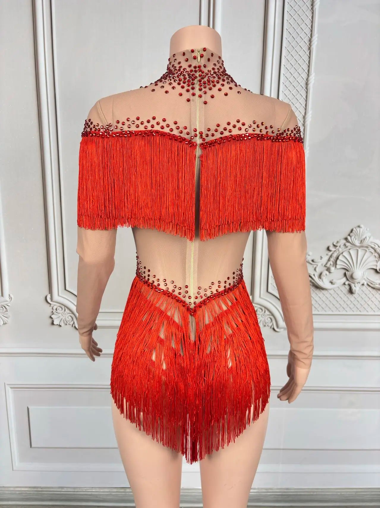 Sparkly Rhinestone Tassel Fringe Dance Performance Costume Stage Bodysuit