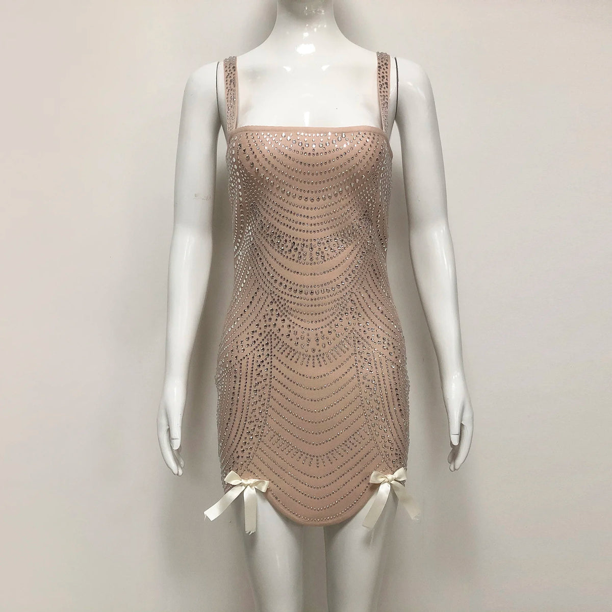 Nude Rhinestone Spaghetti Strap Mini Dress