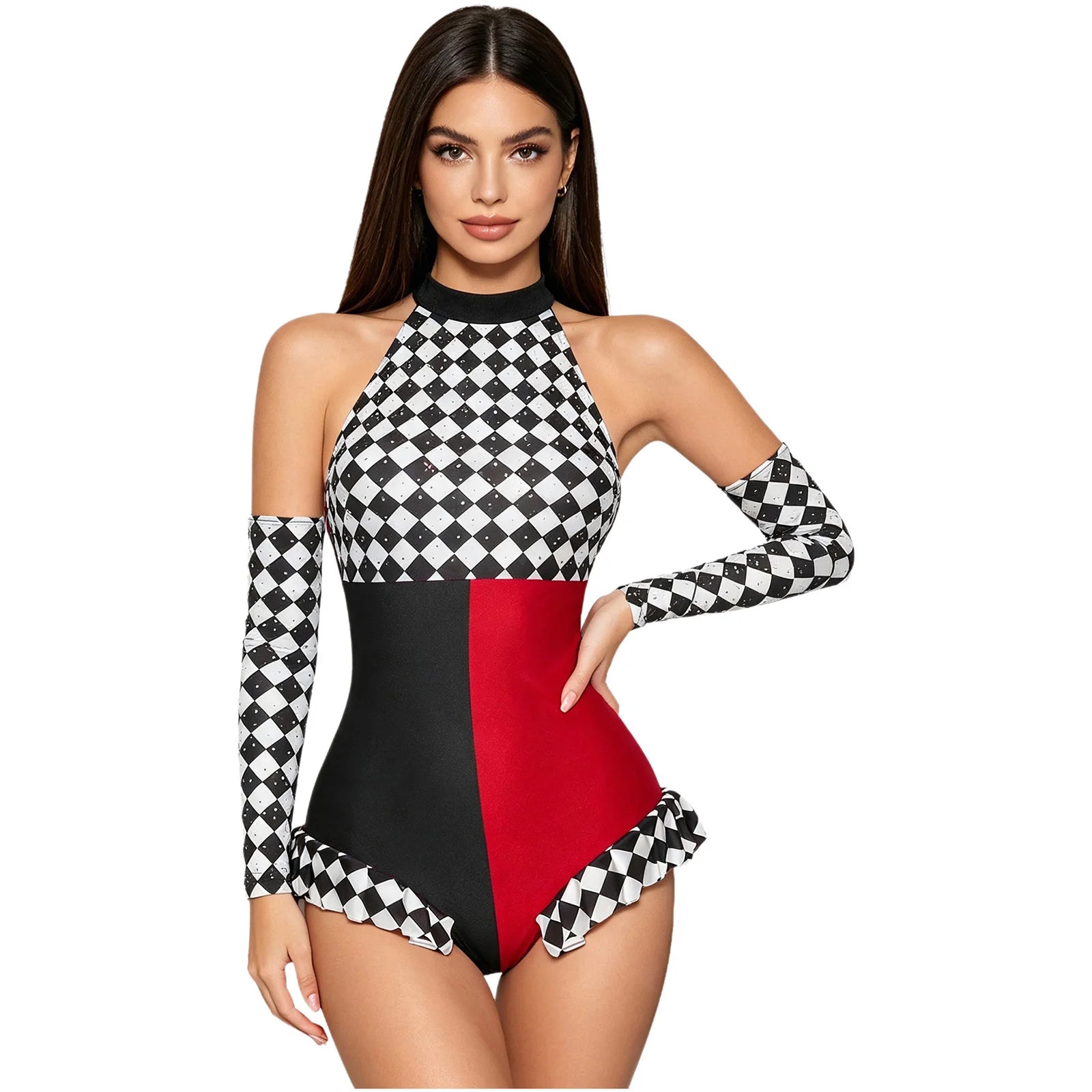 Circus Harlequin Clown Plaid Halter Bodysuit & Arm Sleeves 2-Piece Cosplay Costume Set