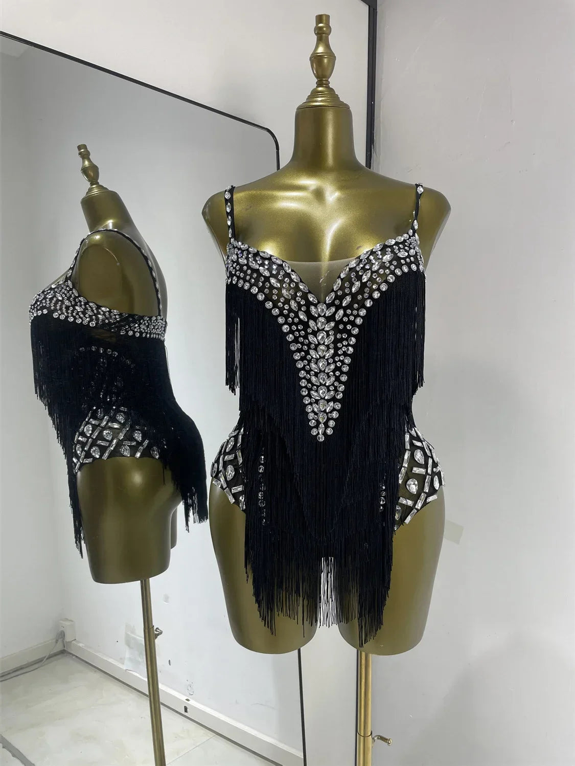 Women Black Bright Rhinestones Tassel Stretchy Mesh Thigh High Leotard Pole Dance Costumes Evening Party Club DJ Gogo Dress