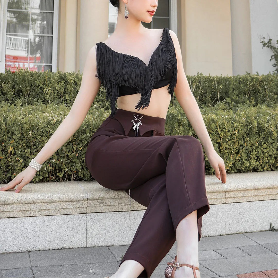 Black Latin Dance Fringe Camisole Top & High-Motion Practice Pants Set