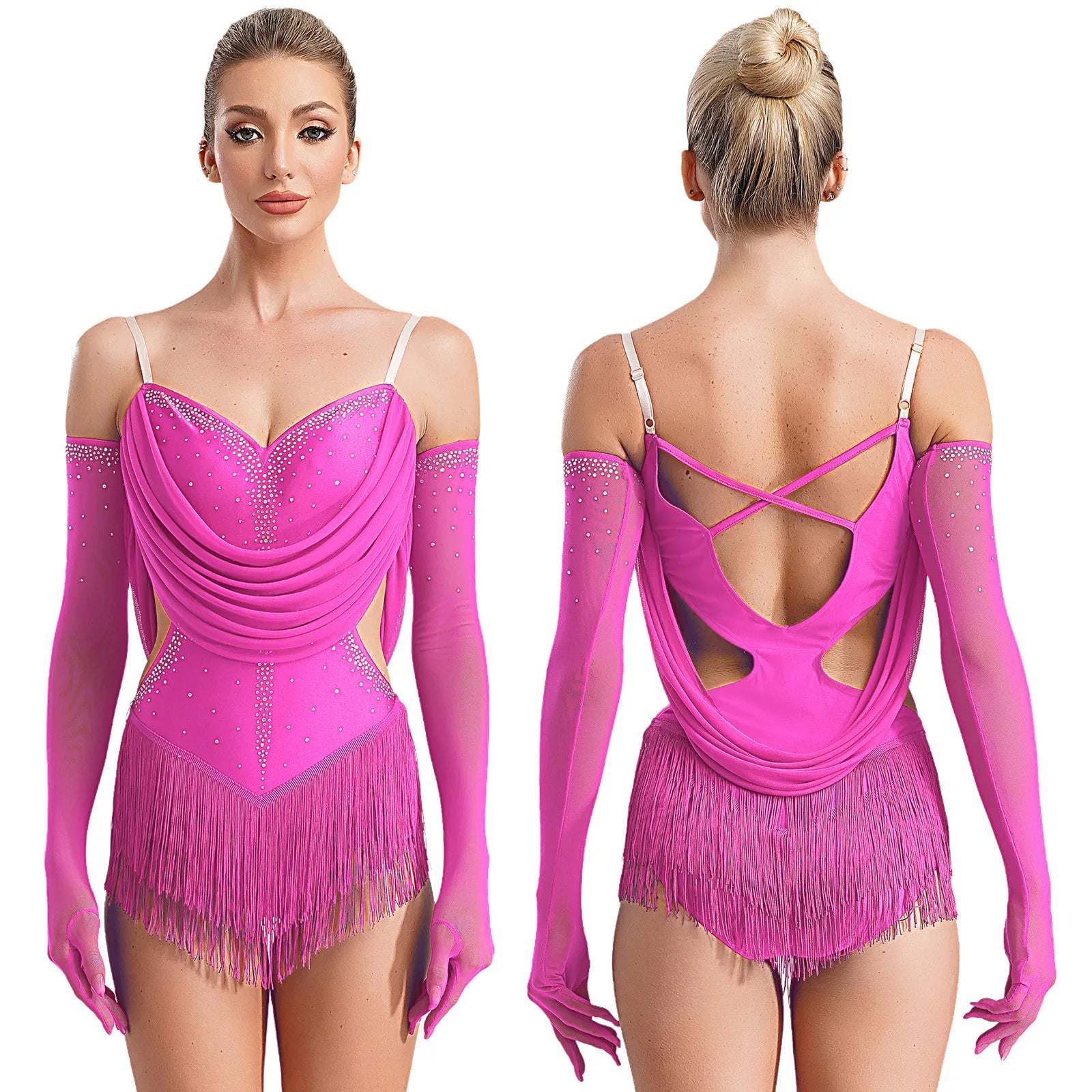 Sparkly Rhinestone & Tassel Fringe Dance Leotard with Gloves Two-Piece Stage Costume