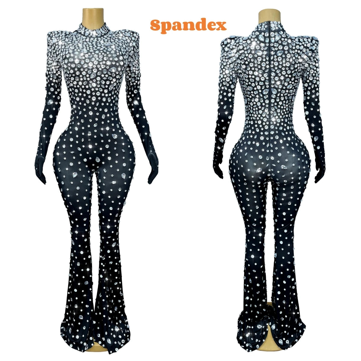 High Grade Sparkly Rhinestones Bell-Bottoms Jumpsuit Cocktail Party Fashion Show Singer Dancer Performance Costume