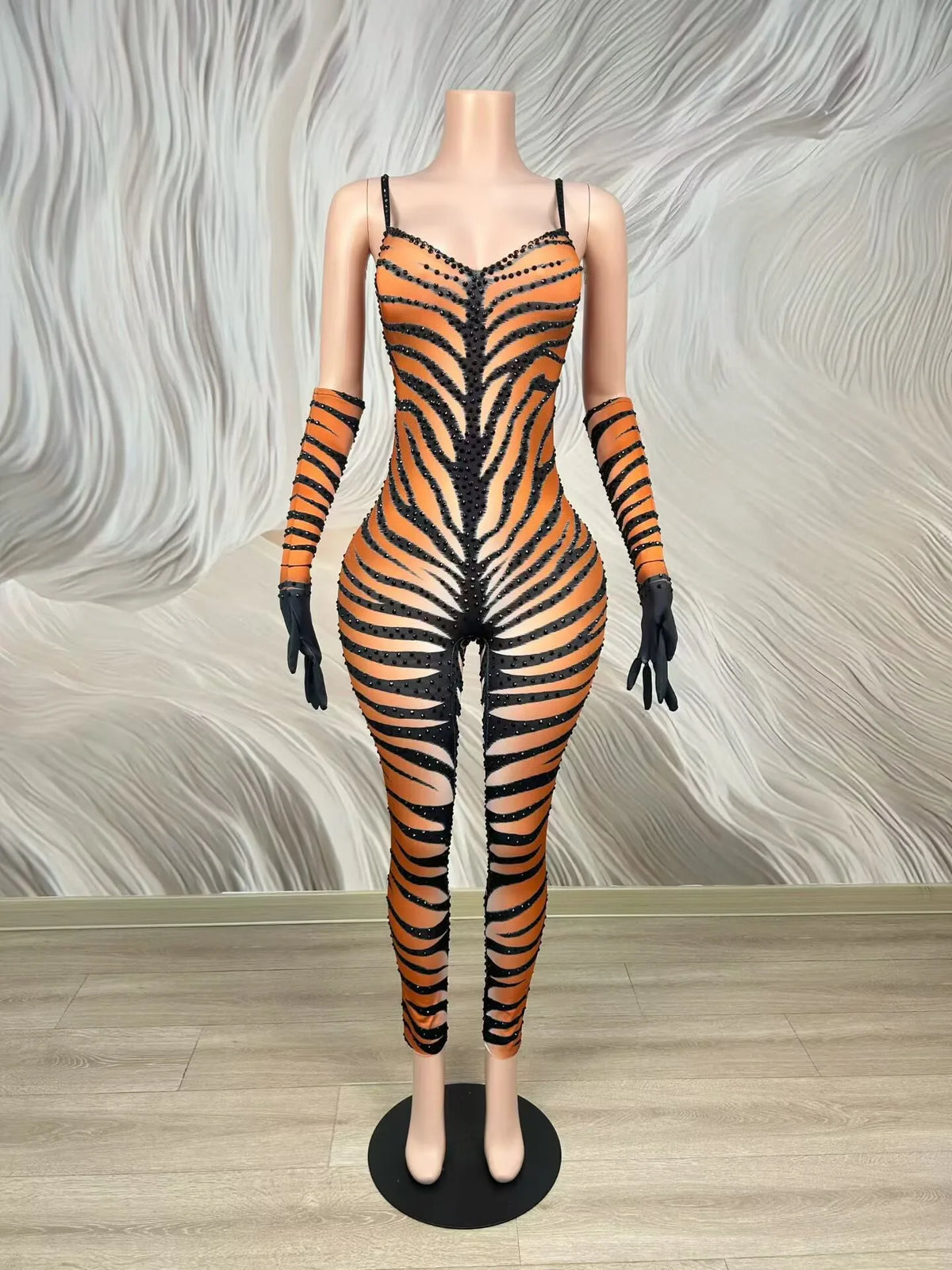 Women's Tiger Stripe Strapless Bodycon Jumpsuit | Sexy Stage Costume for Club, Festival & Halloween