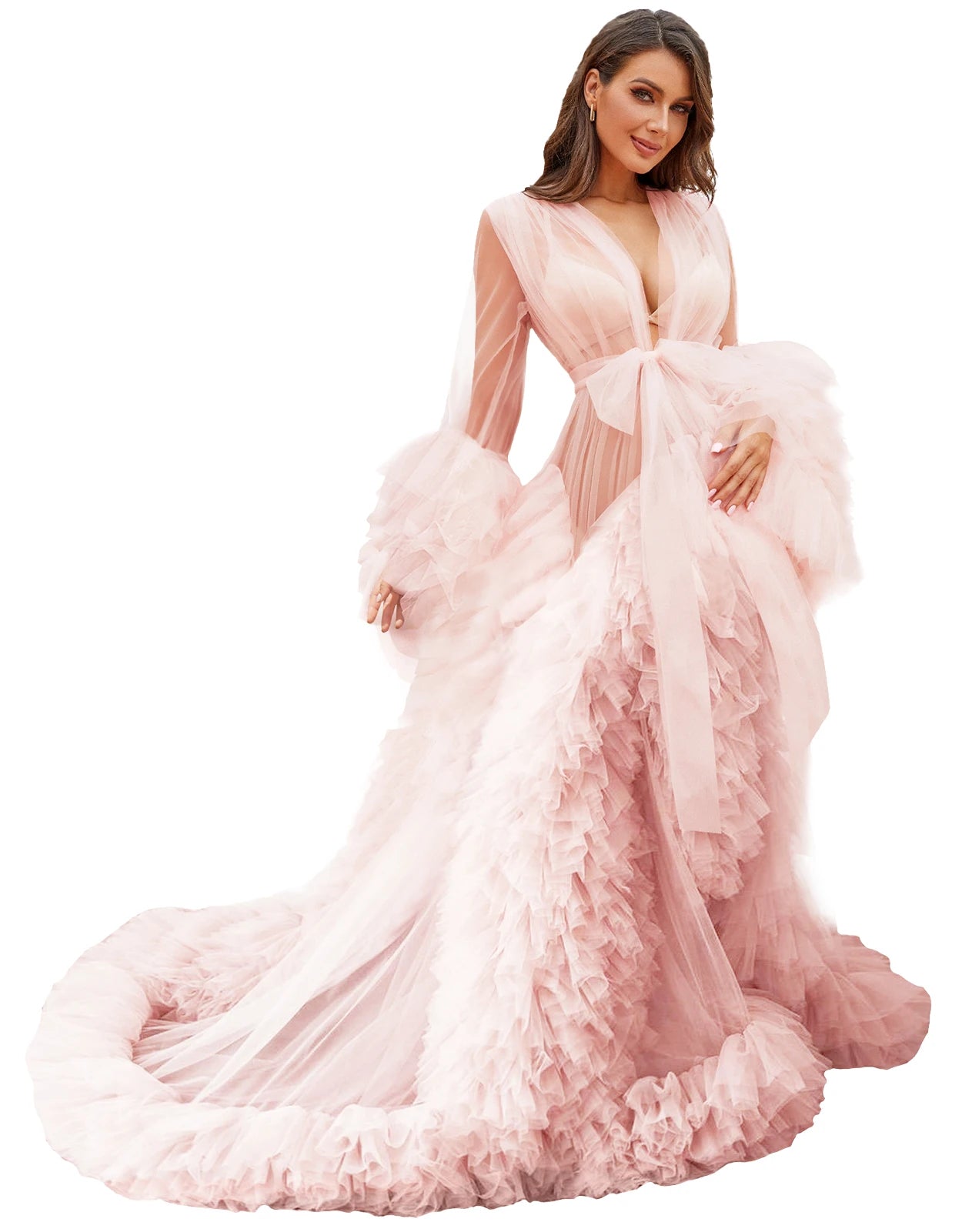 Voluminous Illusion Tulle Ruffle Long Robe Dressing Gown