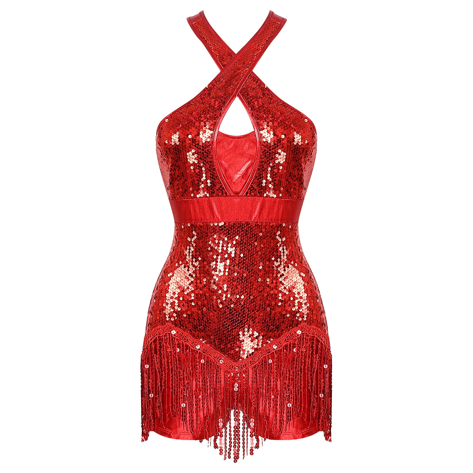 Sequined Fringe Cross-Front Latin Dance Leotard Costume Dress