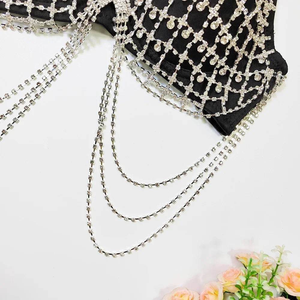 Sparkly Rhinestone Draping Chain Corset Top Showgirl Stage Performance Bustier