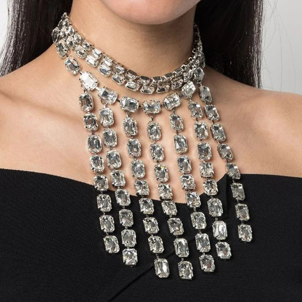 Square Pendant Rhinestone Fringe Choker