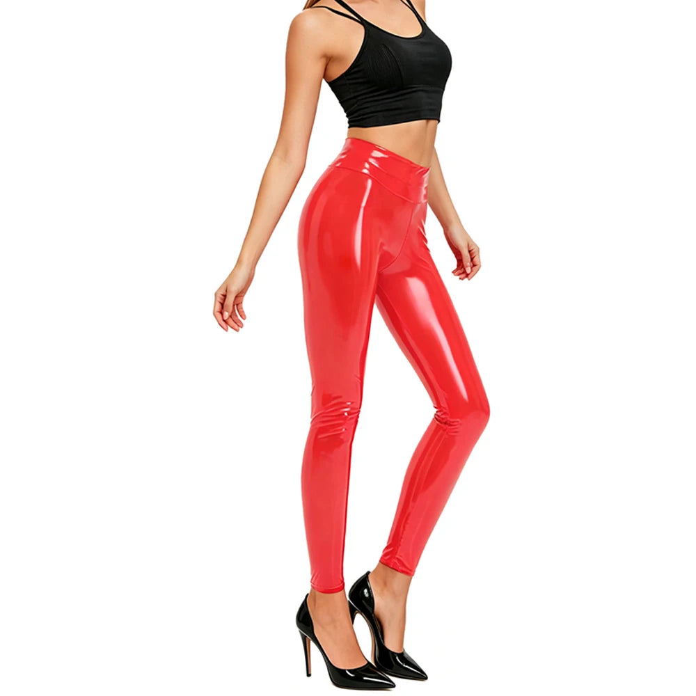 Glossy PVC Wet-Look Zipper Open Crotch Faux Leather Trousers Pencil Pants