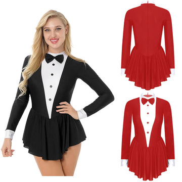 Tuxedo Bowknot Long Sleeve Ruffle Leotard Dress Magician Costume