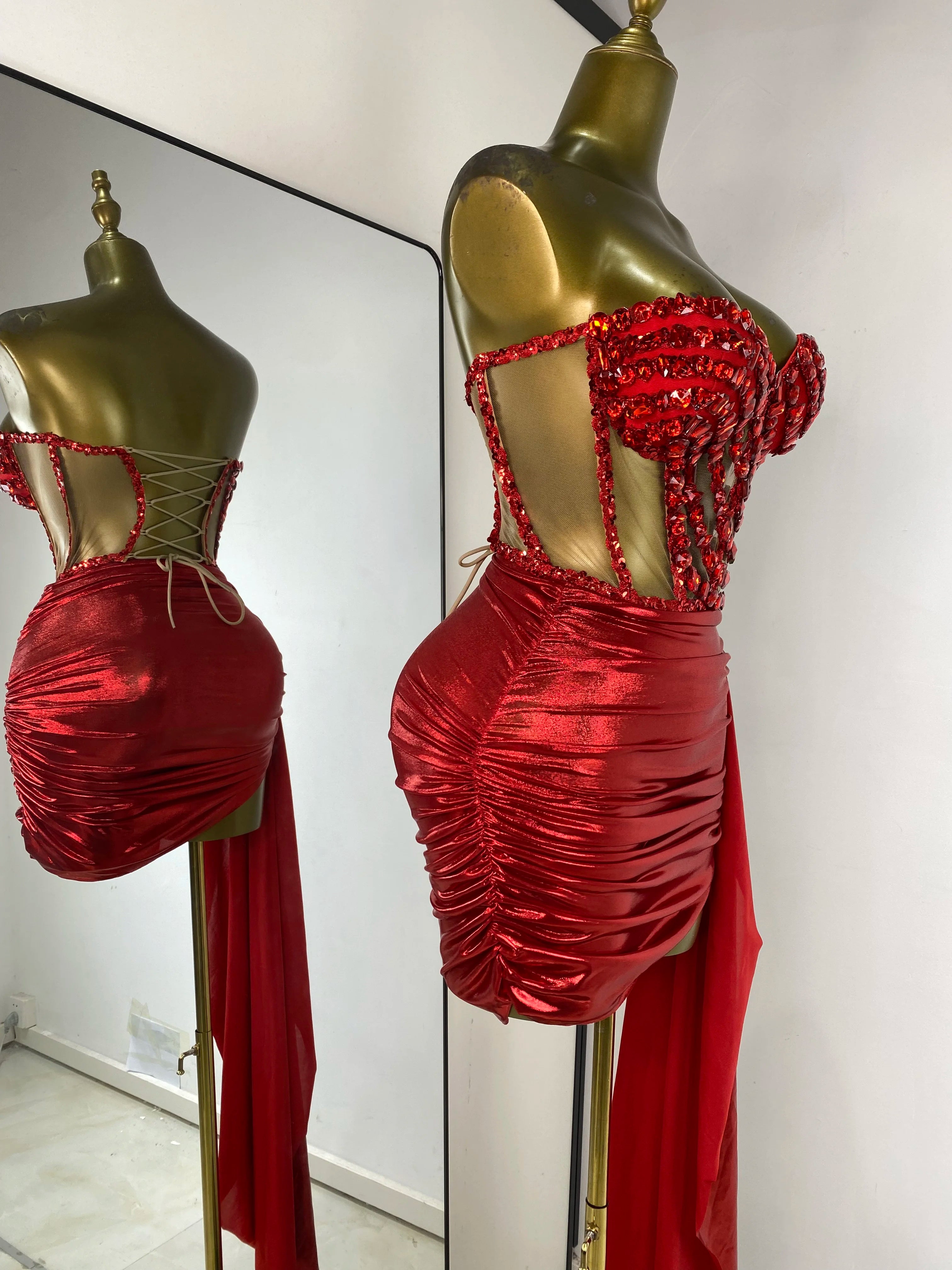 Rhinestone Tube Bustier Corset Top & Bronzing Mini Skirt 2-Piece Performance Set