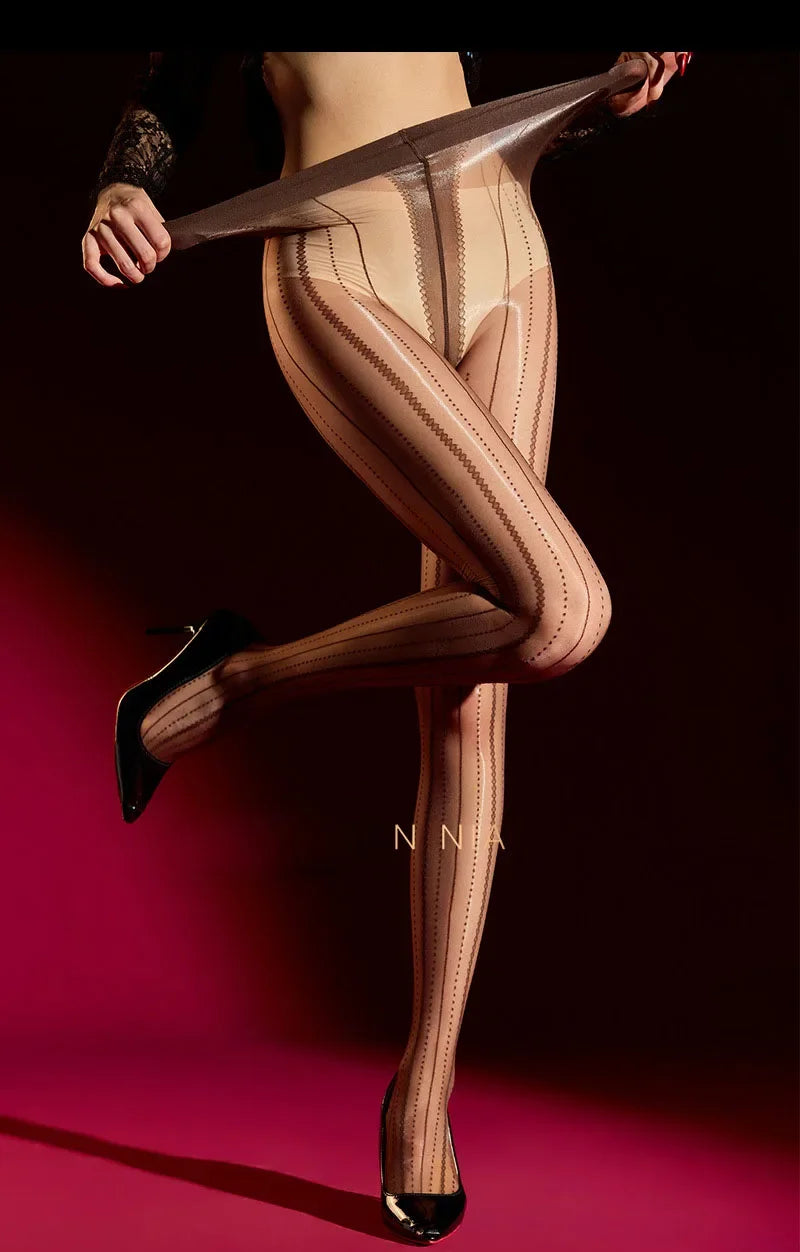 Striped Oil Glossy Sheer High-Waist Shaping Pantyhose Shiny Dance Tights