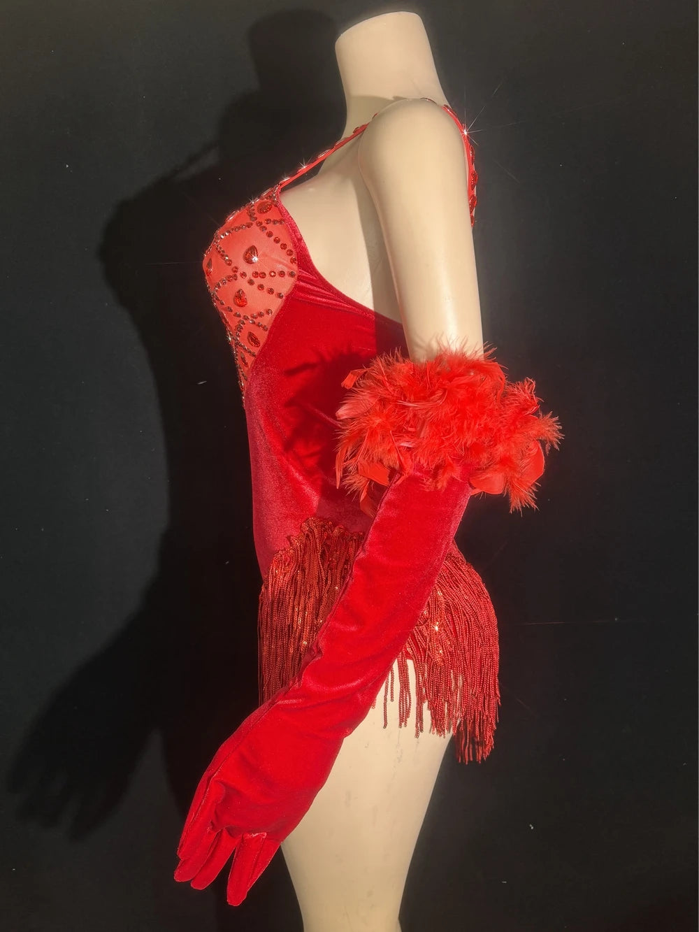 Sparkly Rhinestone & Sequin Tassel Bodysuit with Feathers & Gloves Costume Set