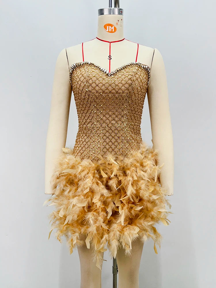Gold Feather Trim Strapless Mini Dress