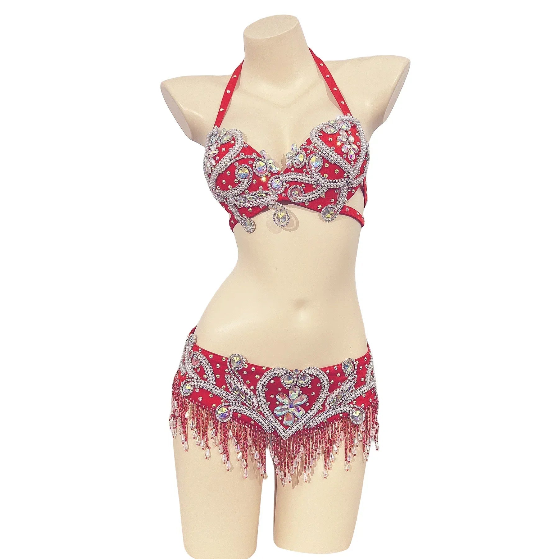 Dazzling Beaded Crystal Belly Dance Bra & Belt 2-Piece Costume Set