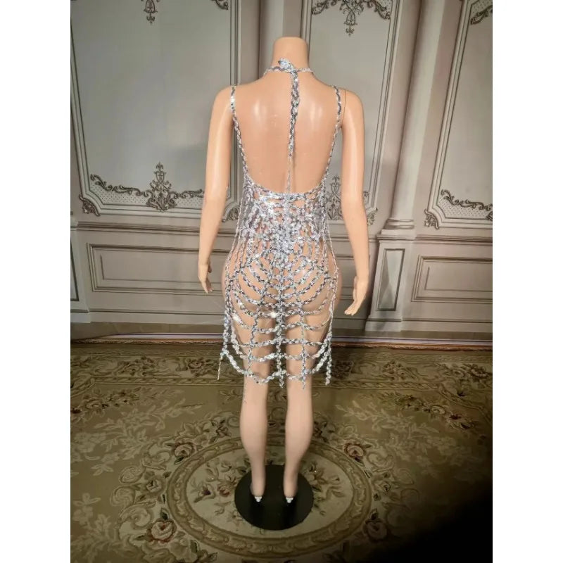 Women's Silver Crystal Rhinestone Mermaid Dress | See-Through Sequin Gown for Prom, Wedding & Party