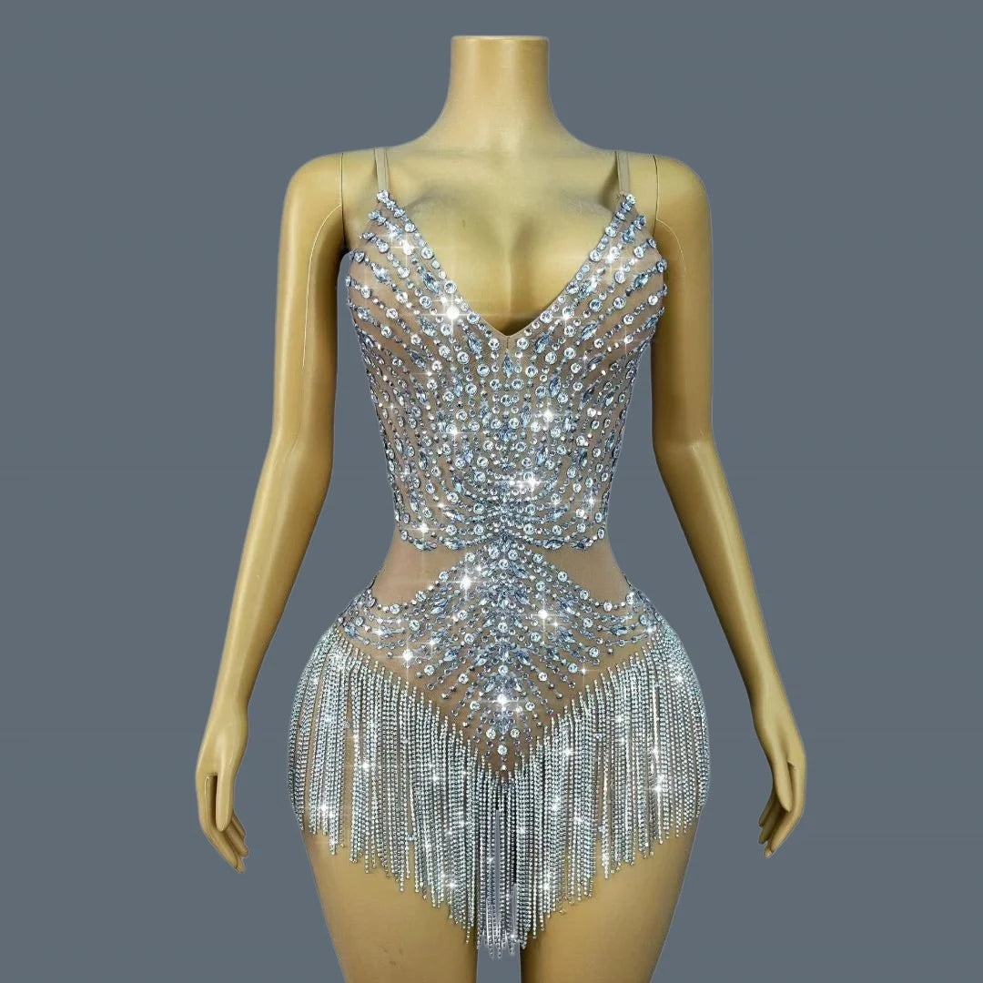Sparkly Silver Rhinestone Tassel Sheer Mesh Stage Bodysuit Leotard Costume