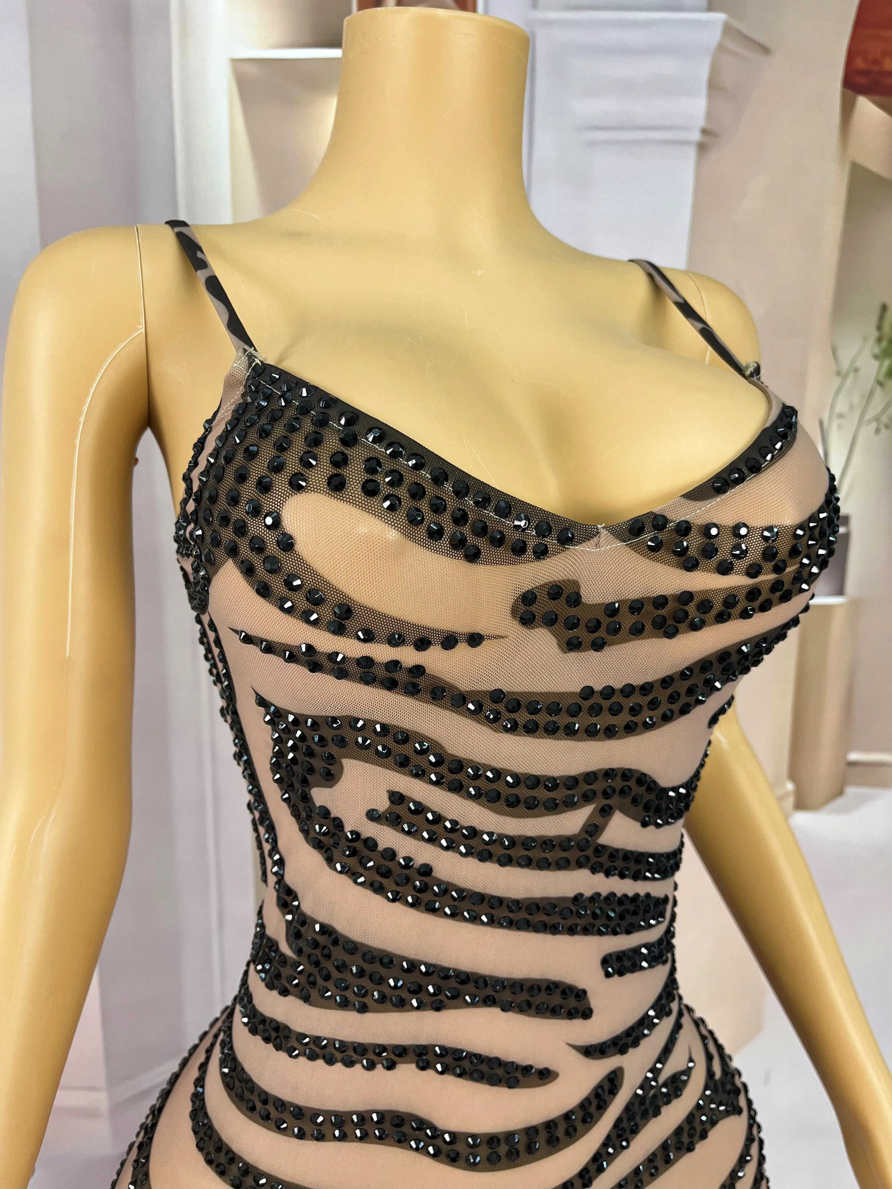 Leopard Print Sparkly Rhinestone Mesh Evening Gown Red Carpet Stage Dress