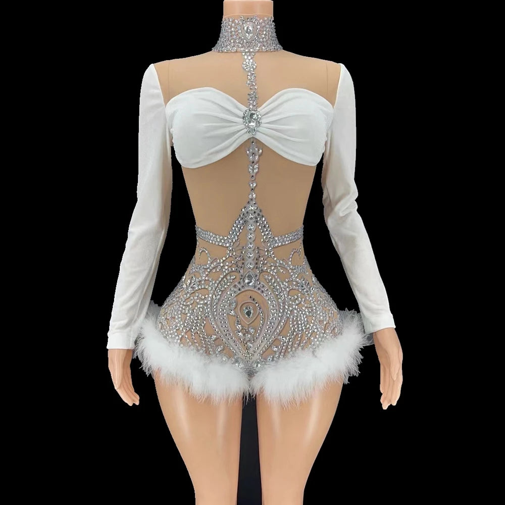 Sparkly Rhinestone & White Feather Long-Sleeve Bodysuit Stage Costume