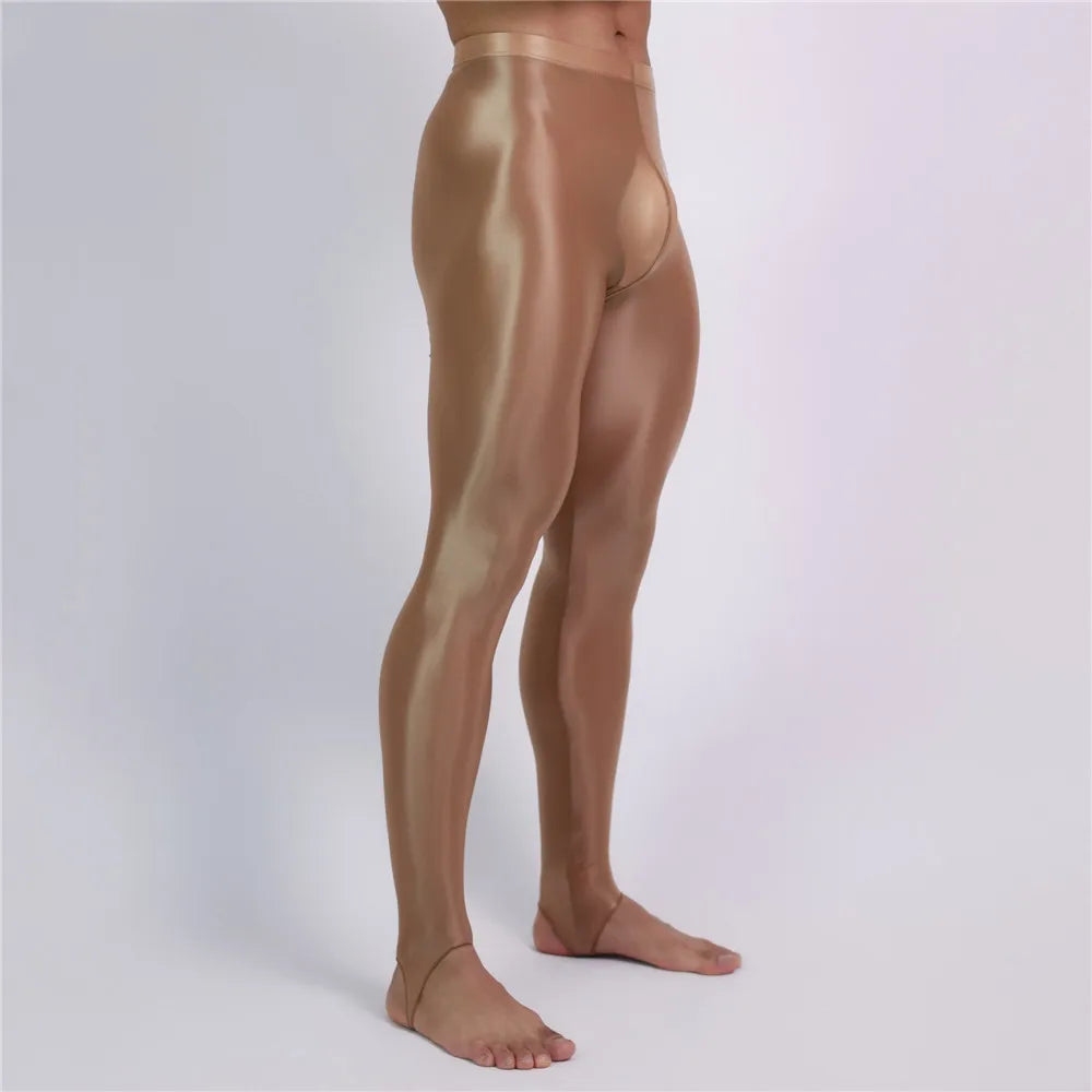 Men's Slim Tights Pencil Pants Stain Smooth  Oil Glossy Shiny Elastic Yoga Leggings Sheer See Through Full Pants Plus Size