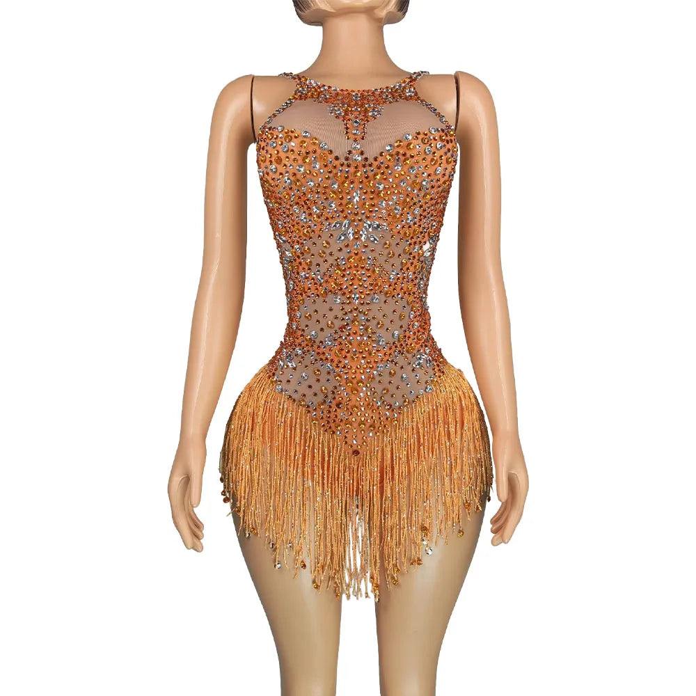 Women's Rhinestone Tassel Bodysuit | Sparkly Leotard for Stage, Nightclub & Dance Performance