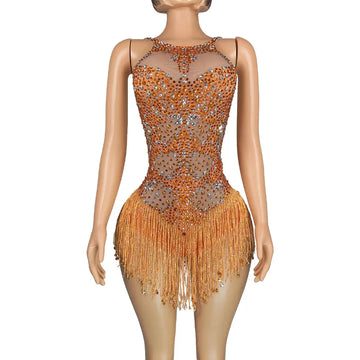 Women's Rhinestone Tassel Bodysuit | Sparkly Leotard for Stage, Nightclub & Dance Performance