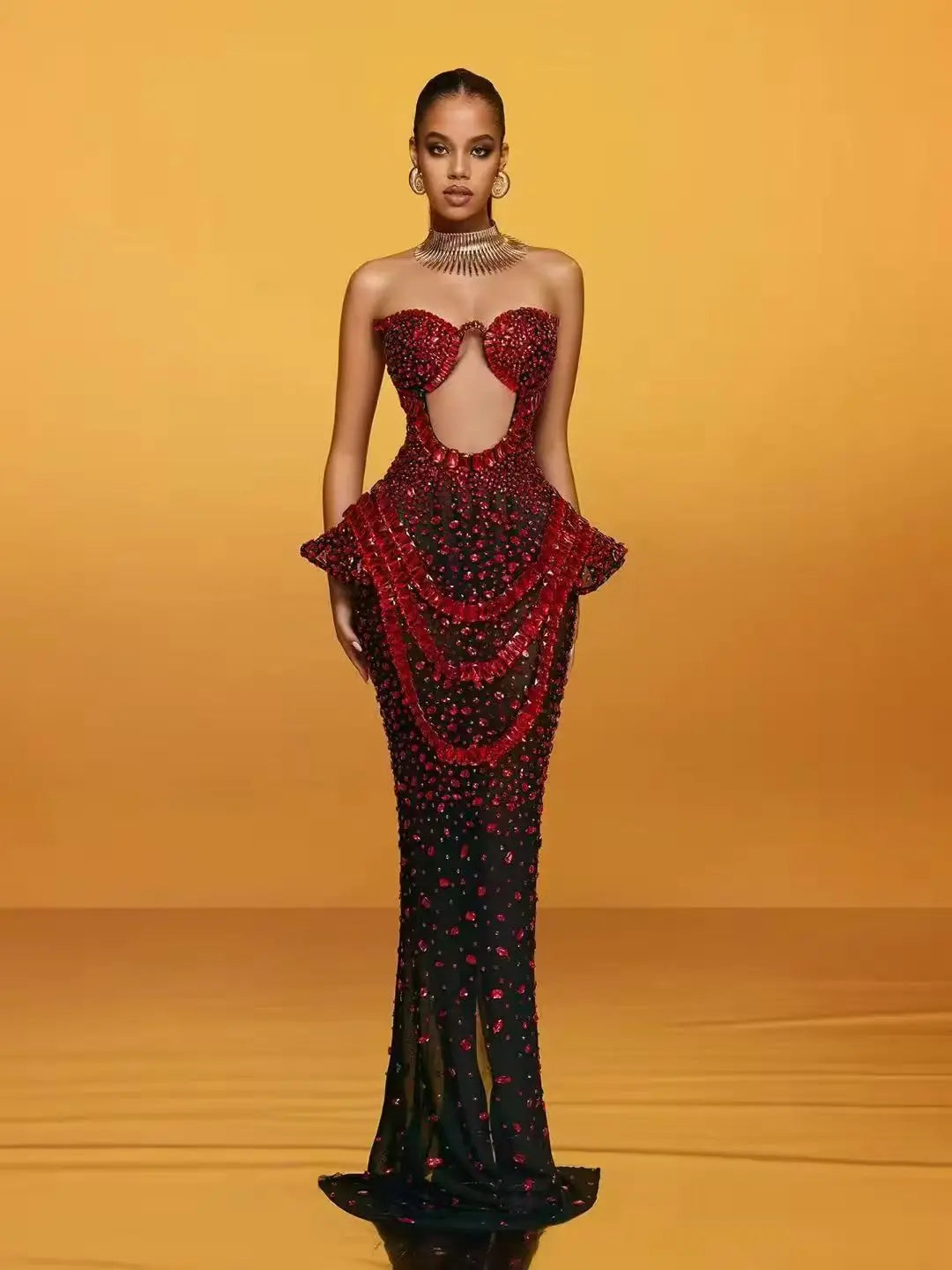 Vintage-Inspired Heavy Rhinestone Mesh Evening Prom Dress