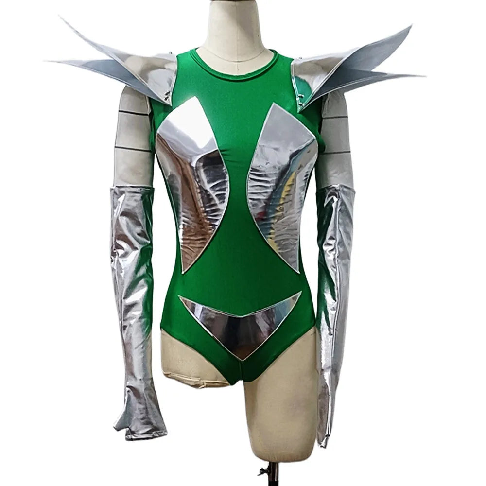 Futuristic Emerald Green & Laser Silver Wing Bodysuit with Matching Gloves 2-Piece Stage Costume Set