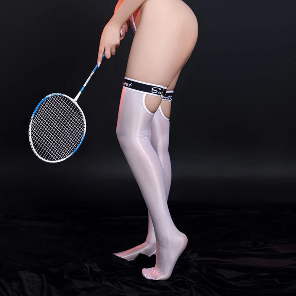Sexy Women Stain Smooth High Stocking Oil Glossy Shiny Vintage Tight Letter Printing Shaping Overknee Maid Stocking Hollow Out