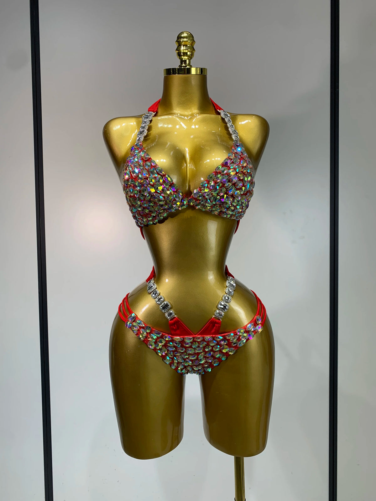 Women Crystal Rhinestone Halter Bikini Stage Performance Costume Set