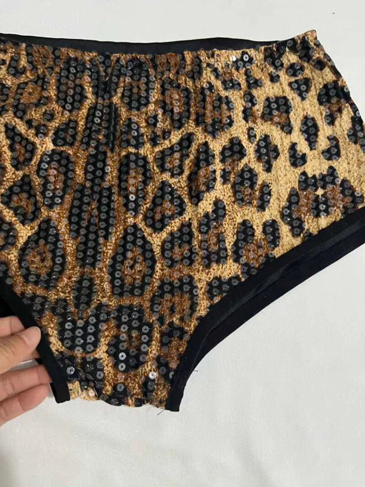 Sequined Top & High-Waist Leopard Print Shorts 2-Piece Gogo Dance Set